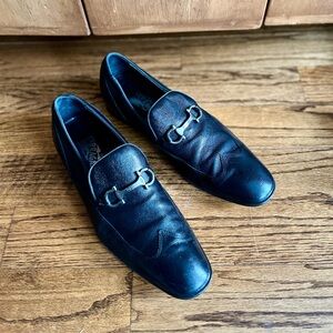 Salvatore Ferragamo Gancini Horsebit Slip On Dress Shoes, Black, 9.5 EE, Wide